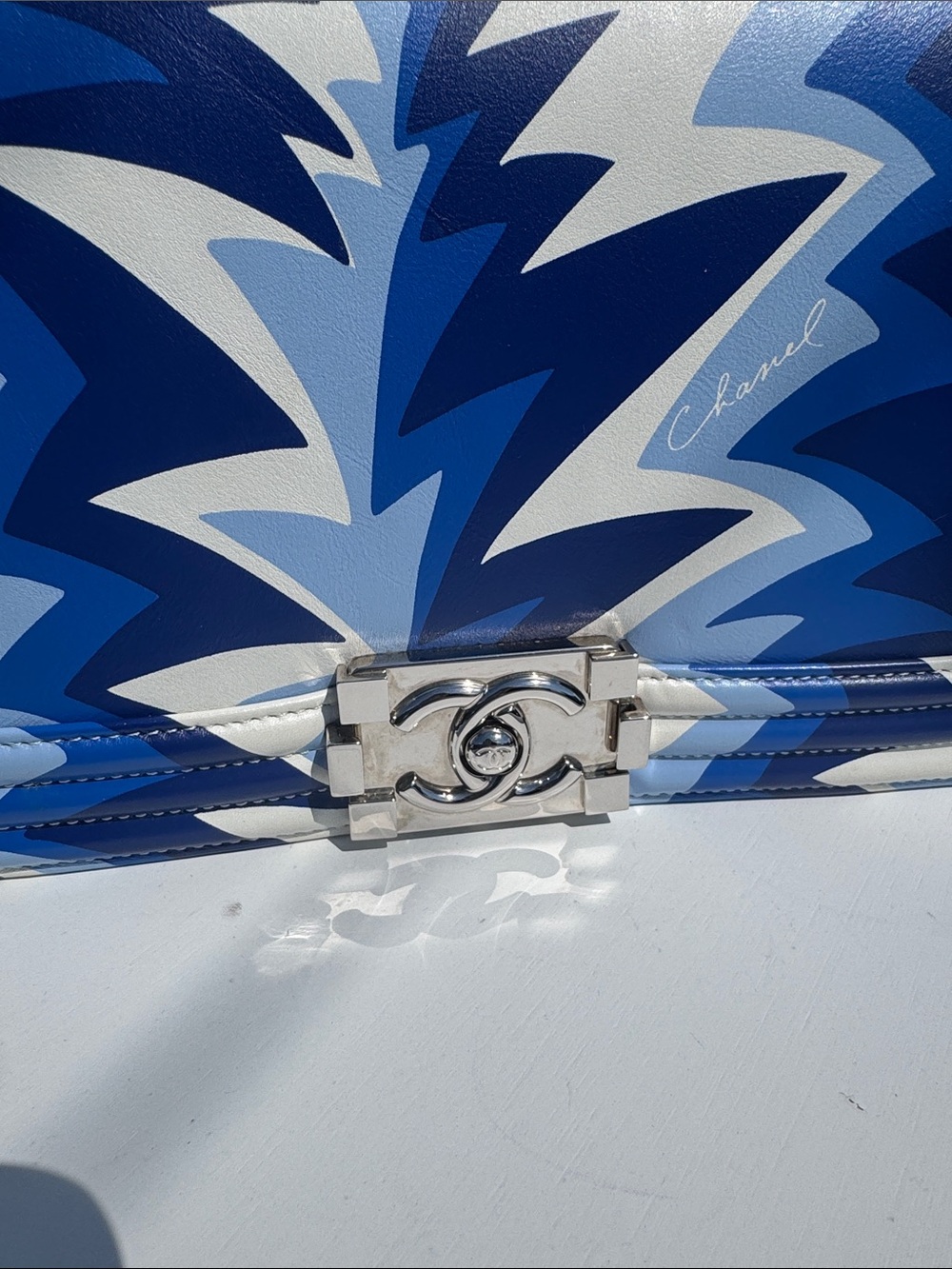 CHANEL Blue & White Chevron Boy Bag with Chain Strap - Picture 2 of 12